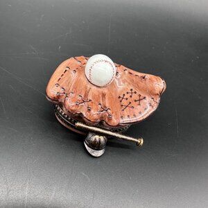 Limoges France Baseball Glove Ball Peint Main Trinket Box Signed Porcelain Hinge